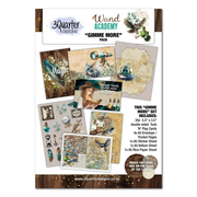 Wand Academy 'Gimme More' pack by 3 Quarter Designs, featuring a 20-piece scrapbooking and card-making kit with vintage-themed cards, envelopes, sticker sheets, and paper. The packaging displays various illustrated card designs with a whimsical, antique aesthetic.