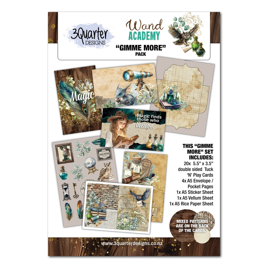 Wand Academy 'Gimme More' pack by 3 Quarter Designs, featuring a 20-piece scrapbooking and card-making kit with vintage-themed cards, envelopes, sticker sheets, and paper. The packaging displays various illustrated card designs with a whimsical, antique aesthetic.