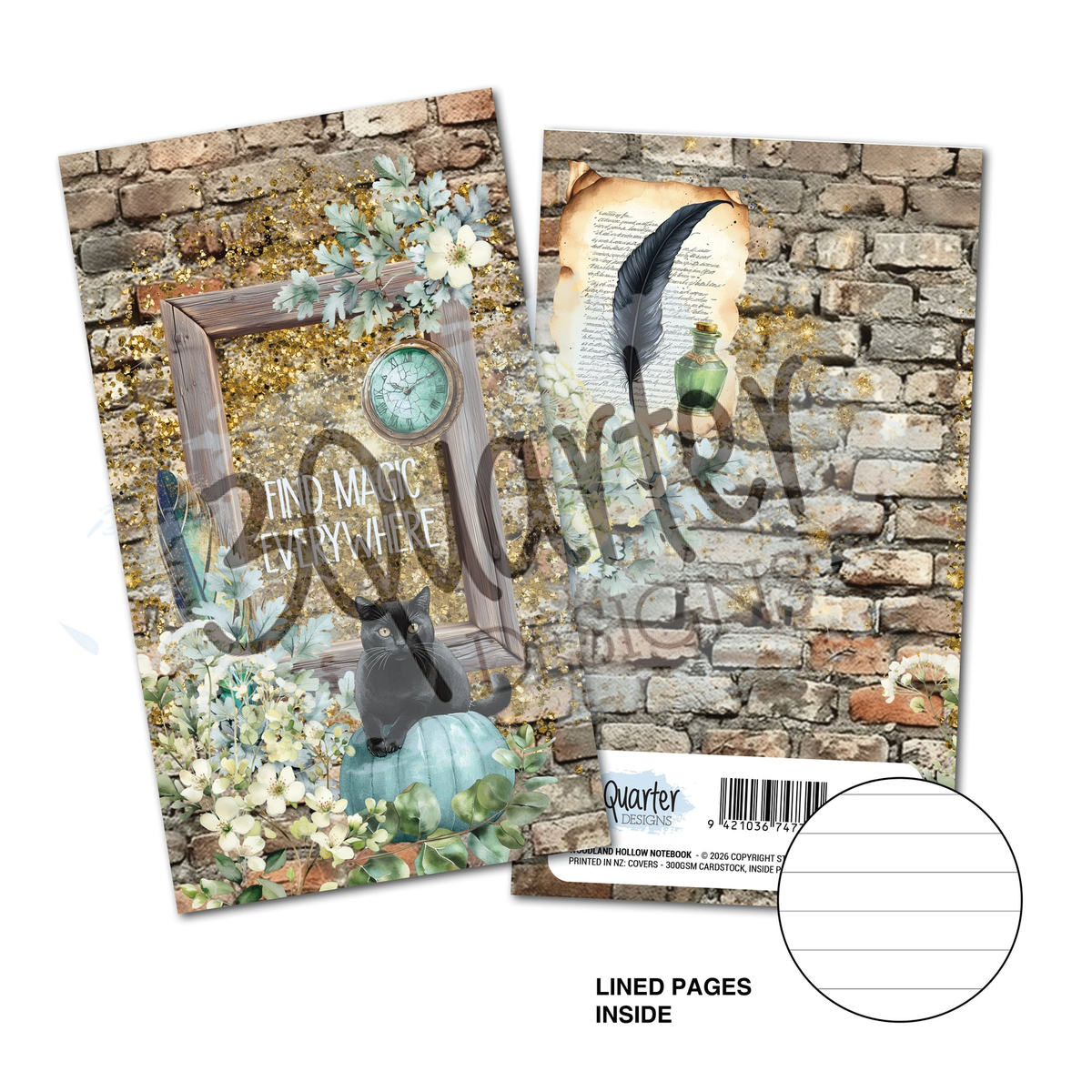 The front and back cover of a mini notebook by 3Quarter Designs shown on a white background. The front cover features a rustic design with a brick wall, a wooden frame, a vintage clock, a black cat, and white flowers. 3Quarter Designs Wand Academy Mini Notebook