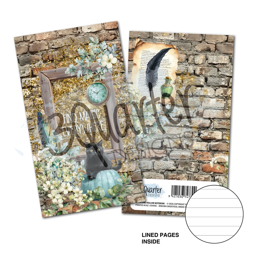 The front and back cover of a mini notebook by 3Quarter Designs shown on a white background. The front cover features a rustic design with a brick wall, a wooden frame, a vintage clock, a black cat, and white flowers. 3Quarter Designs Wand Academy Mini Notebook