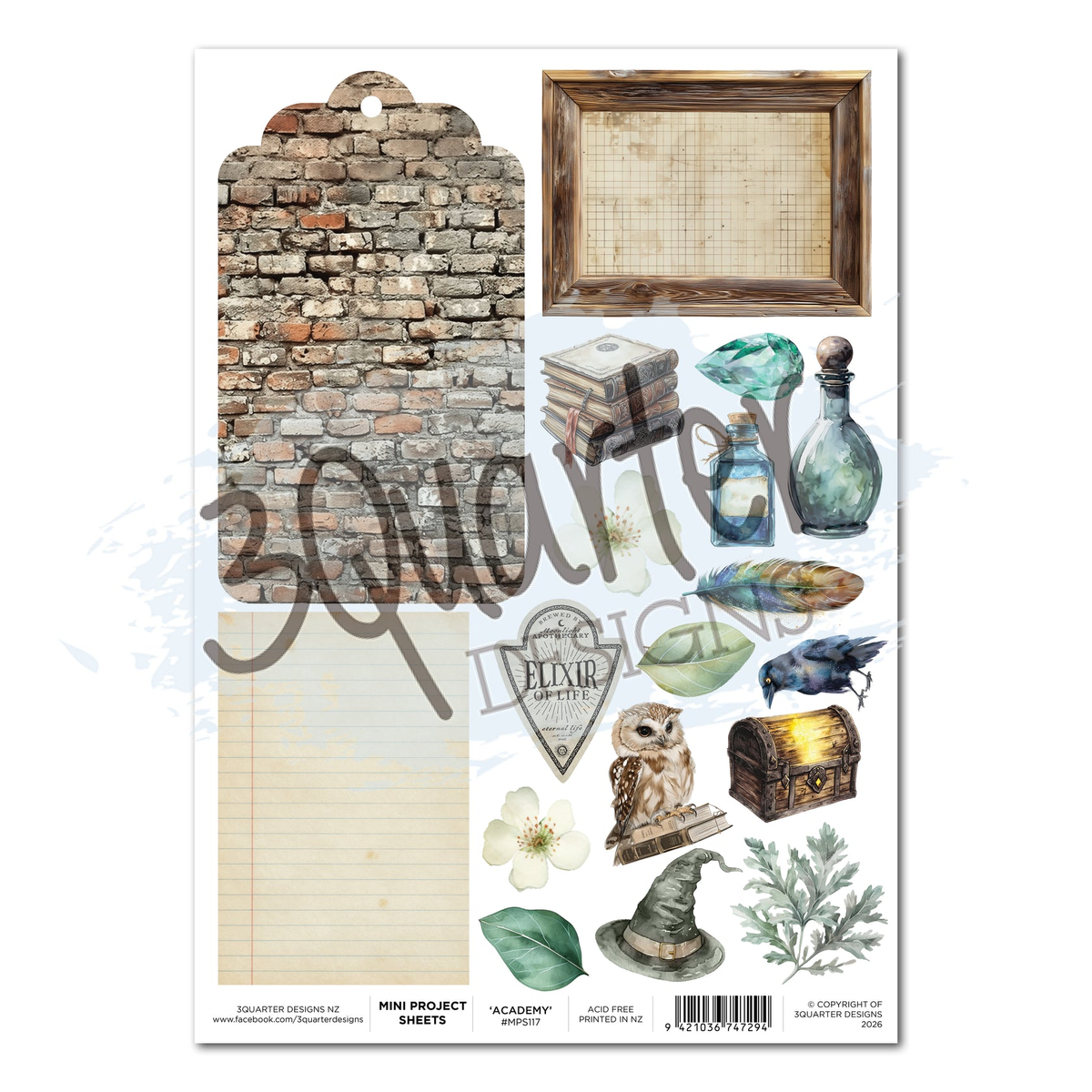 A sheet of scrapbook paper or craft collage sheets featuring vintage-themed illustrations, including a brick wall, a framed blank print, stacked books, glass bottles, a feather, a flower, an owl, a hat, leaves, and a small chest. A large diagonal watermark reads '3 Quarter Designs' across the sheet. 3Quarter Designs Wand Academy Mini Project Sheet