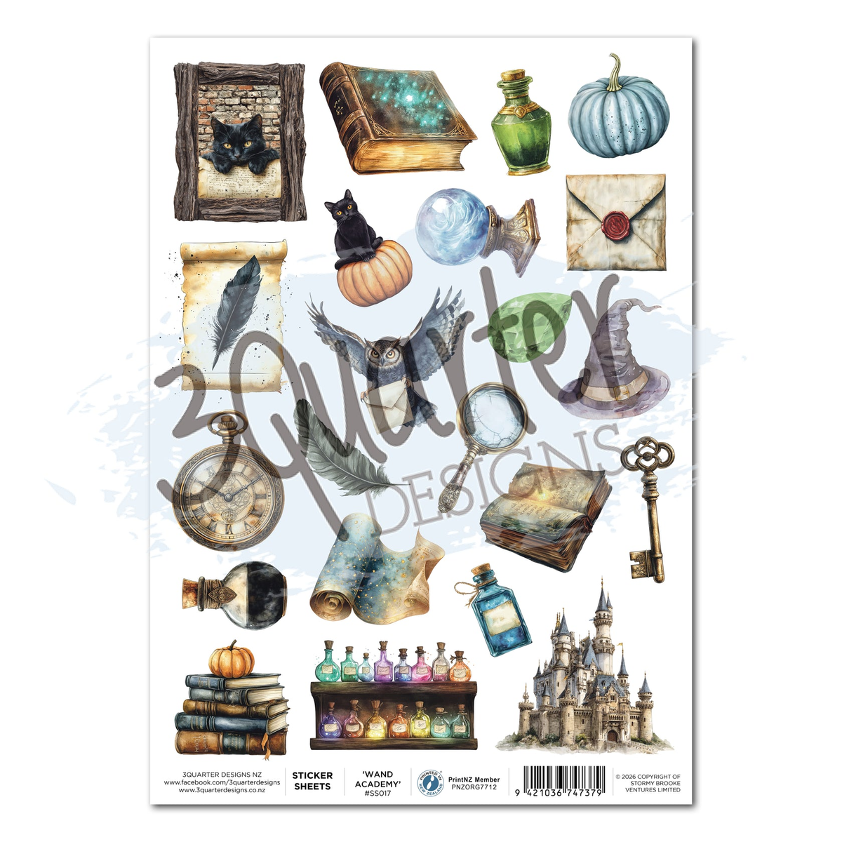 A sheet of decorative stickers featuring wizard and fantasy school-themed illustrations, including a black cat in a book, potion bottles, a pumpkin, an envelope with a red wax seal, a magnifying glass, a key, a clock, feathers, and a castle. The sheet has a large '20 Sticker Sheets' watermark across the center and branding for 'Wand Academy Stickers' and '3Quarter Designs' visible.