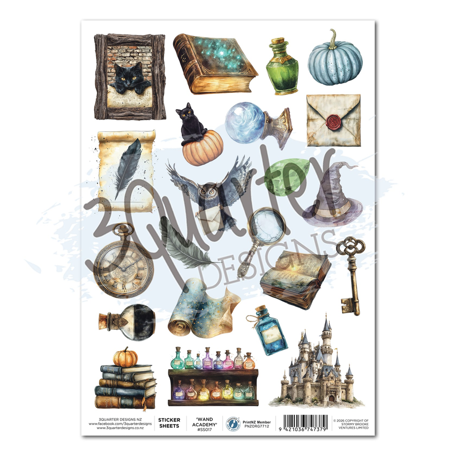 A sheet of decorative stickers featuring wizard and fantasy school-themed illustrations, including a black cat in a book, potion bottles, a pumpkin, an envelope with a red wax seal, a magnifying glass, a key, a clock, feathers, and a castle. The sheet has a large '20 Sticker Sheets' watermark across the center and branding for 'Wand Academy Stickers' and '3Quarter Designs' visible.