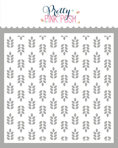 A stencil with a repeating leaf pattern on a white background, with a decorative header at the top reading 'Pretty PINK POSH'. Pretty Pink Posh Wheat Pattern Stencil