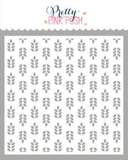 A stencil with a repeating leaf pattern on a white background, with a decorative header at the top reading 'Pretty PINK POSH'. Pretty Pink Posh Wheat Pattern Stencil