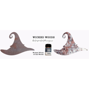 A product presentation for 'Wicked Woods' by Kate's Permade Designs, featuring two rustic, weathered witch hat designs in different finishes (one brown wood-grain, one silver and copper rust) alongside a small shaker bottle. Lindy's Gang Wicked Witch of the Woods by Katie Pertiet Magical Shaker