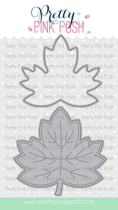A craft die set featuring two maple leaf cutters, one solid outline and one with dashed stitching details, shown on a branded Pretty Pink Posh background. Pretty Pink Posh Wide Leaf Shaker Dies