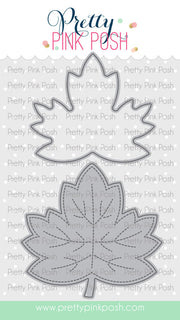 A craft die set featuring two maple leaf cutters, one solid outline and one with dashed stitching details, shown on a branded Pretty Pink Posh background. Pretty Pink Posh Wide Leaf Shaker Dies