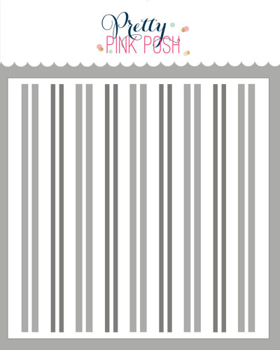 A stencil featuring vertical stripes in various shades of gray on a white background, with a decorative header at the top reading 'Pretty PINK PUSH' in blue and pink script. Pretty Pink Posh Windowpane Plaid Stencils (2 Pack)