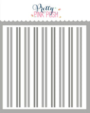 A stencil featuring vertical stripes in various shades of gray on a white background, with a decorative header at the top reading 'Pretty PINK PUSH' in blue and pink script. Pretty Pink Posh Windowpane Plaid Stencils (2 Pack)
