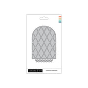 Windsor Charm Dies from Concord & 9th' in its retail packaging, featuring a gray arched window frame design with a diamond lattice pattern and a row of small oval links below.
