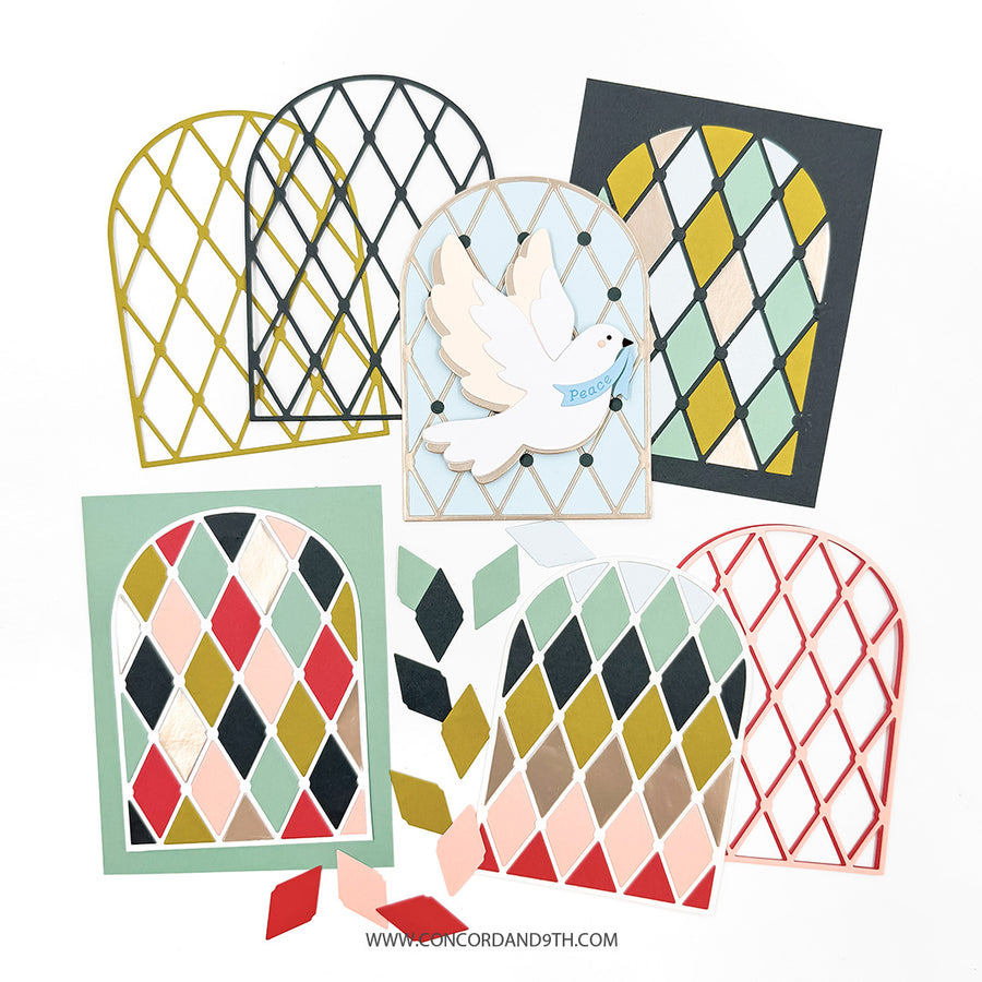 Six colorful card designs featuring arch-shaped window frames with diamond patterns in various colors, arranged on a white background. A white dove card is layered over one of the window designs.