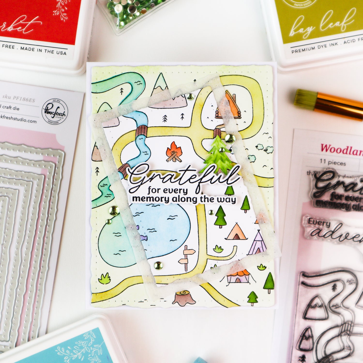 Clear stamp set with nature-themed design and 'Grateful for every memory along the way' text on a white background.