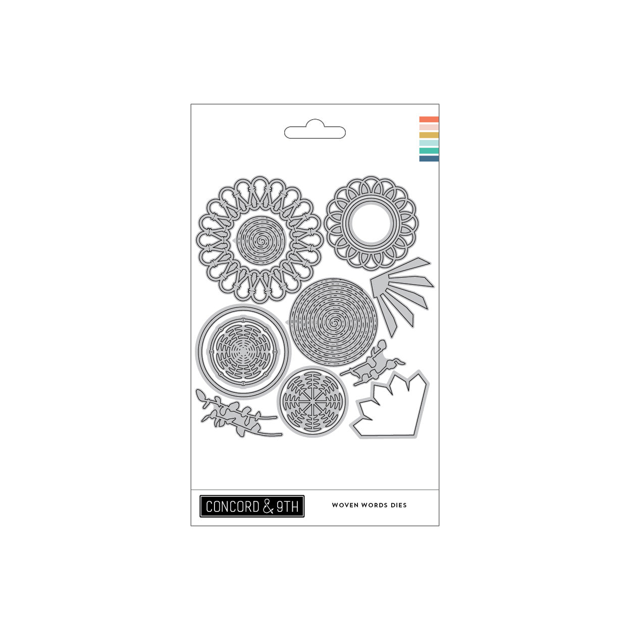 A packaged set of woven words dies on a white card, featuring multiple circular and floral die-cut metal templates. The packaging shows the Concord & 9th. 