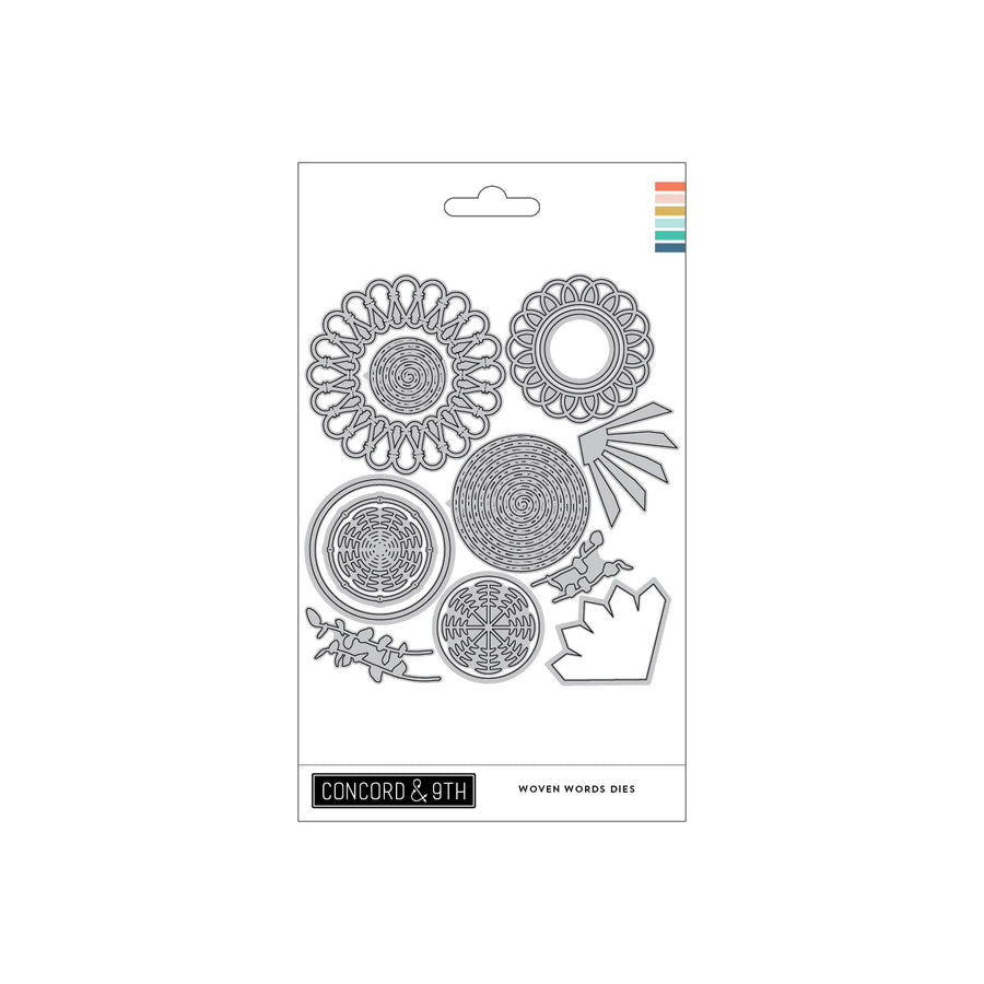 A packaged set of woven words dies on a white card, featuring multiple circular and floral die-cut metal templates. The packaging shows the Concord & 9th. 