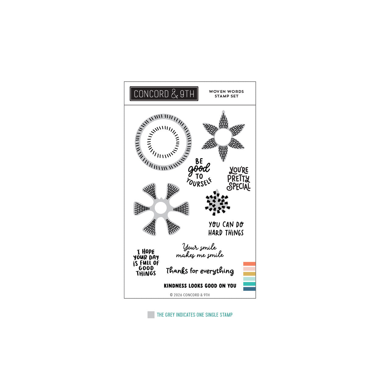 Concord & 9th 'Woven Words' stamp set featuring black and gray stamp designs and phrases on a white background, with a small teal indicator bar at the bottom.