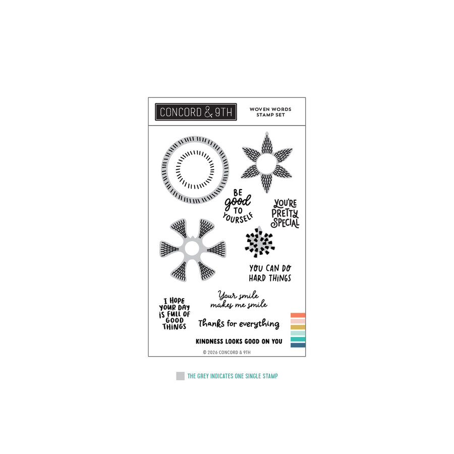 Concord & 9th 'Woven Words' stamp set featuring black and gray stamp designs and phrases on a white background, with a small teal indicator bar at the bottom.