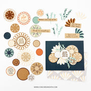 A collection of coordinating scrapbooking and card-making paper embellishments, including scalloped doilies, textured circles, floral elements, and layered card designs, displayed on a white background with the Concord and 9th website printed at the bottom. Concord & 9th Woven Words Stamp Set