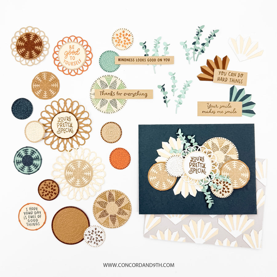 A collection of coordinating scrapbooking and card-making paper embellishments, including scalloped doilies, textured circles, floral elements, and layered card designs, displayed on a white background with the Concord and 9th website printed at the bottom. Concord & 9th Woven Words Stamp Set