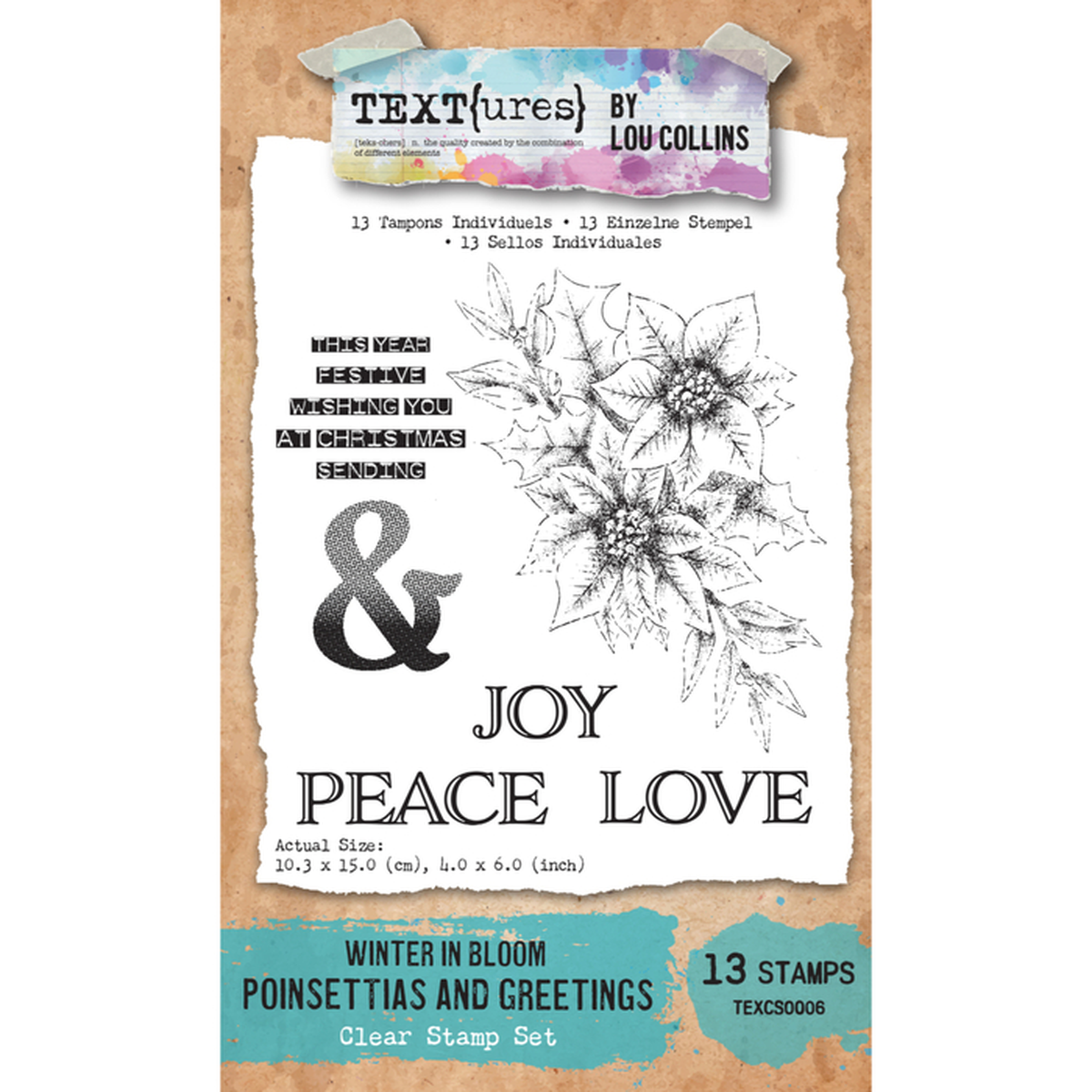 Textures by Lou Collins 'Winter in Bloom Poinsettias and Greeting Clear Stamp Set' featuring 13 stamps and 13 enamel stamps, with floral line art and text including 'JOY PEACE LOVE' on a white torn-paper style insert over a kraft paper background.