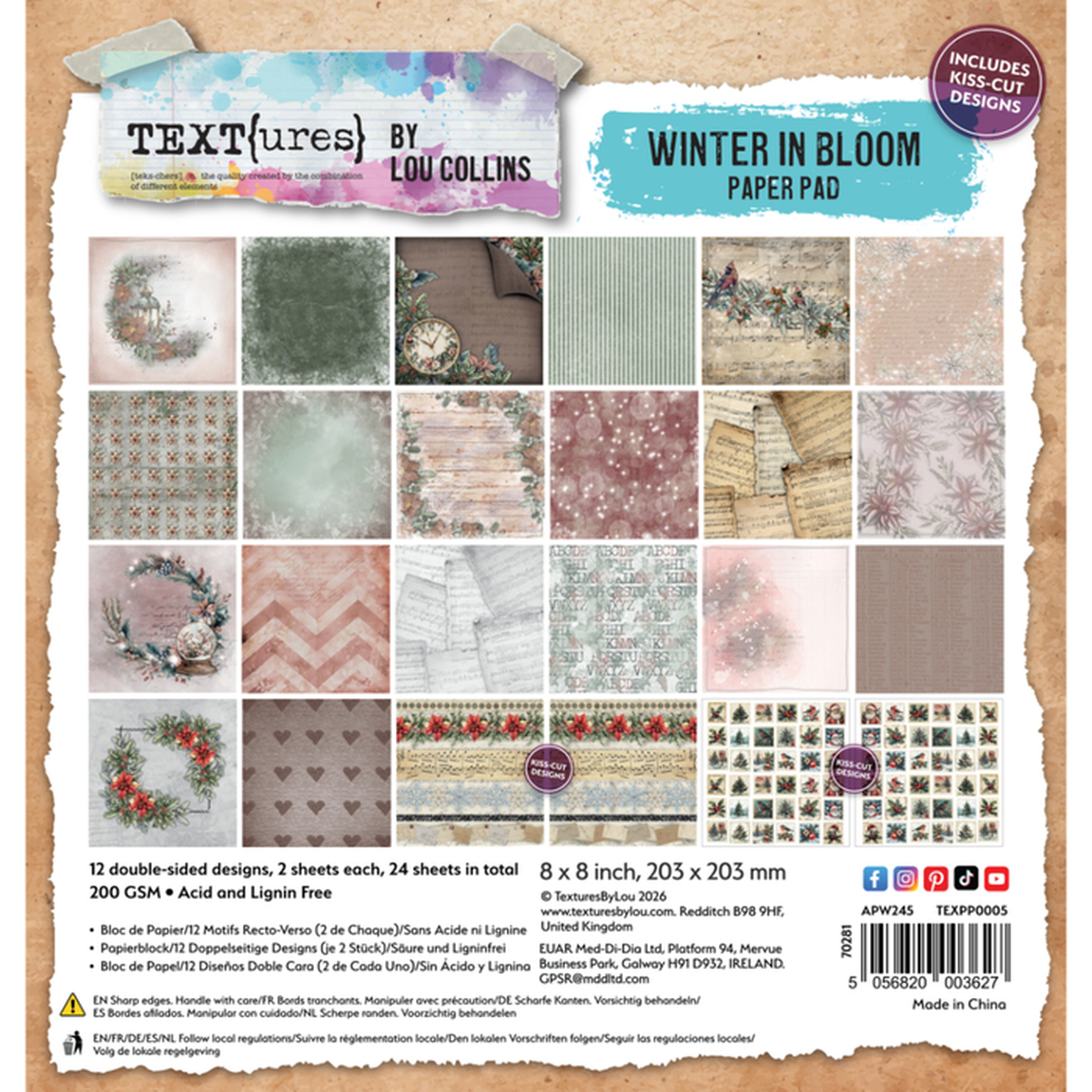 Back cover of a Textures by Lou Collins 'Winter in Bloom' paper pad, showing 12 double-sided paper designs arranged in a grid on a kraft paper background, with product details, dimensions, and barcode.
