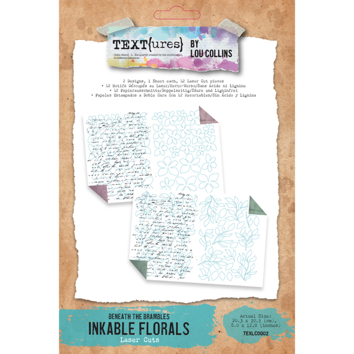 Textures by Lou Collins 'Beneath the Brambles Inkable Florals Laser Cuts' scrapbooking paper pack, featuring two sheets of white paper with blue floral and cursive text designs on a kraft paper background.