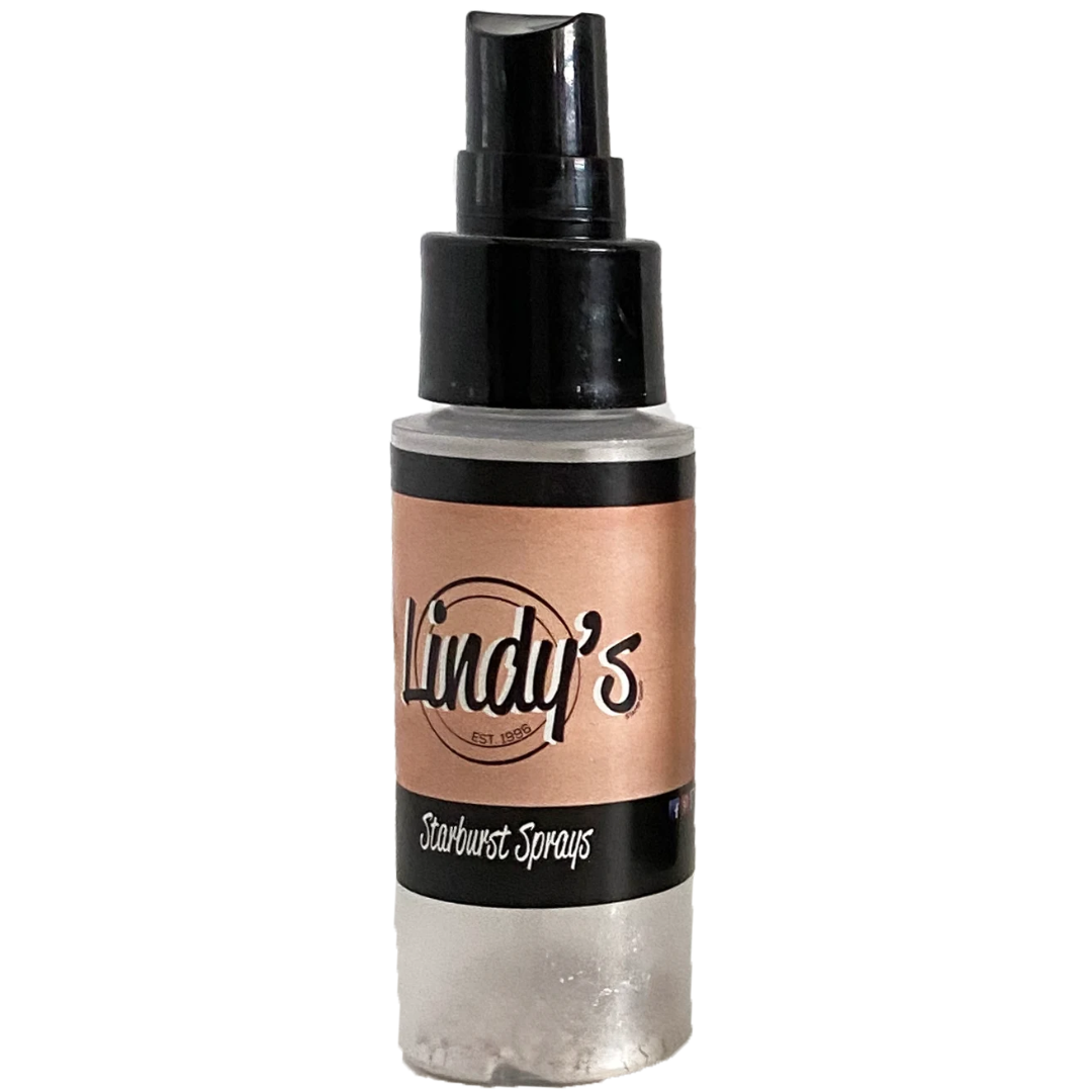 A bottle of Lindy's Starburst Sprays metallic spray paint in 'Starwest Sprays', featuring a black spray nozzle and a label with a copper-pink and black background. Lindy's Gang Cape Cod Coral Starburst Spray