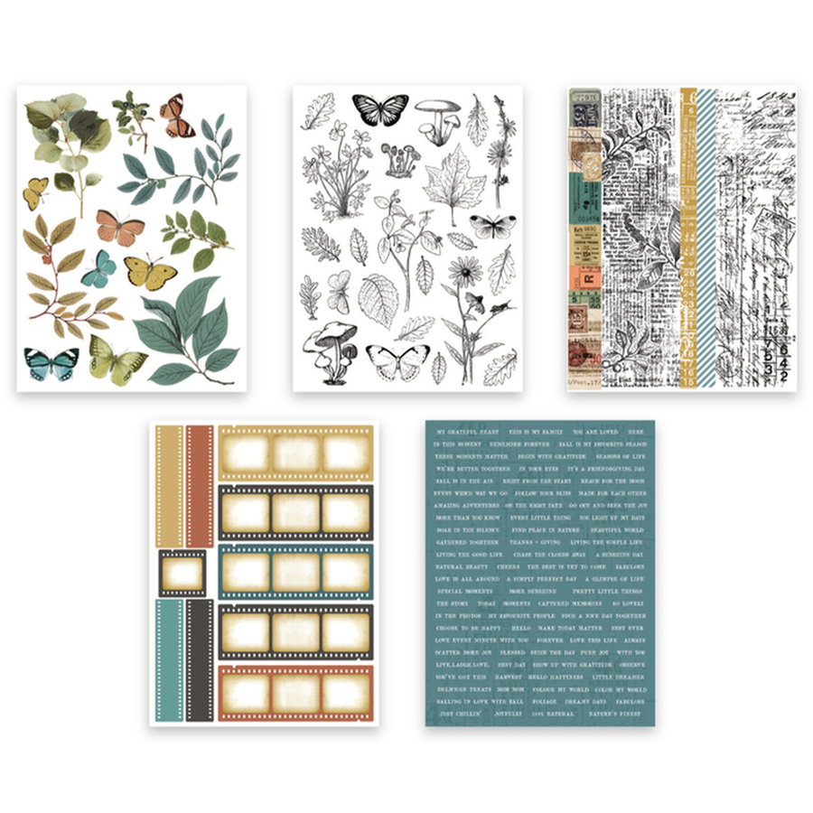 Five decorative sticker sheets arranged on a white background. The sheets feature botanical illustrations with butterflies and leaves, black-and-white botanical line drawings, vintage-style text panels, film-strip style labels, and a teal text block sheet. Arden Creative Studio Amber Ledgers Sticker Book