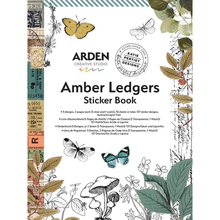 Front cover of the Arden Creative Studio Amber Ledgers Sticker Book, showing illustrated butterflies, leaves, stamps, and vintage ledger-style borders in muted earth tones on a white background.