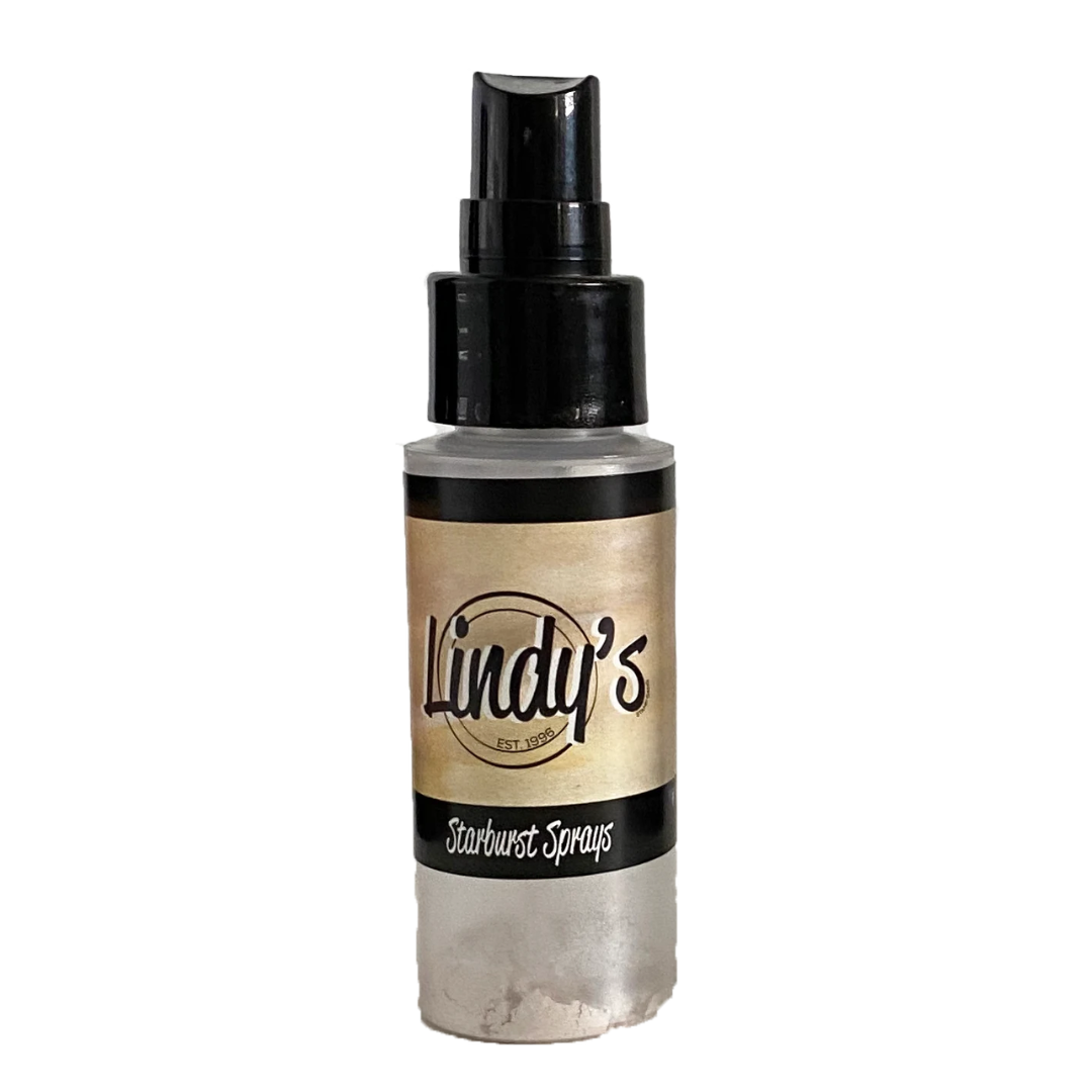 A bottle of Lindy's Starburst Sprays with a black spray nozzle and a textured beige and black label, set against a plain white background. Lindy's Gang Clam Bake Beige Starburst Spray