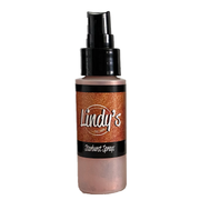 A bottle of Lindy's London Starburst Sprays glitter spray in a metallic coppery rose shade, featuring a black pump dispenser and a black label with white text. Lindy's Gang Cowabunga Copper Starburst Spray