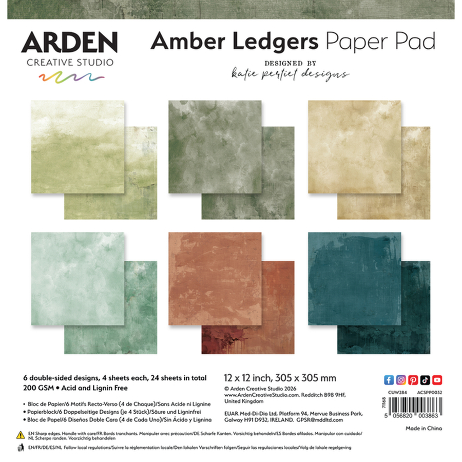 Arden Creative Studio Amber Ledgers Paper Pad packaging showing six double-sided textured paper designs in beige, cream, terracotta, and teal, with product details and a barcode. Arden Creative Studio Amber Ledgers Solids 12in x 12 in Paper Pad