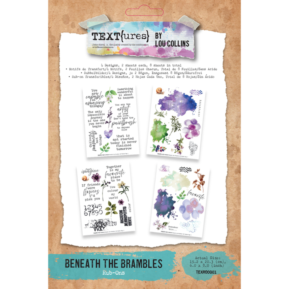 Textures by Lou Collins Rub-On craft transfer sheet titled 'Beneath the Brambles,' showing four illustrated floral and botanical designs with text elements on a white sheet over a kraft-paper style background.
