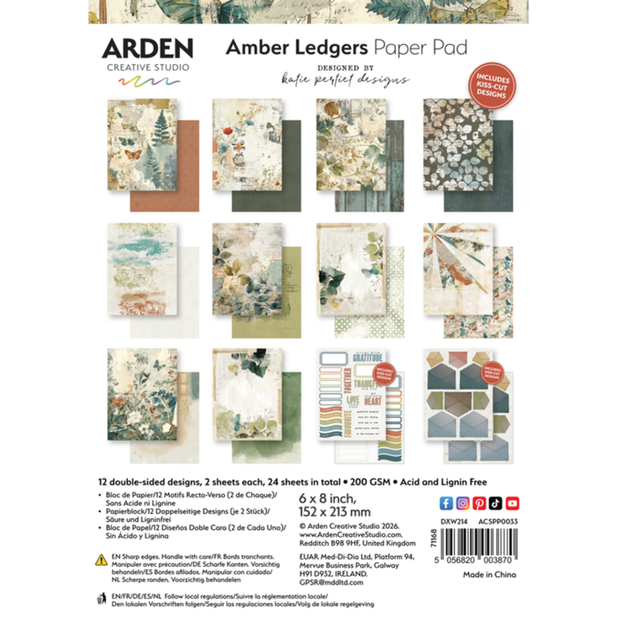 Frontcover of the Arden Amber Ledgers Paper Pad by Kate Perfect Designs, showing 12 double-sided paper sheets with various patterned designs, product details, and a barcode on a white background. Arden Creative Studio Amber Ledgers Paper Pad 6in x 8in