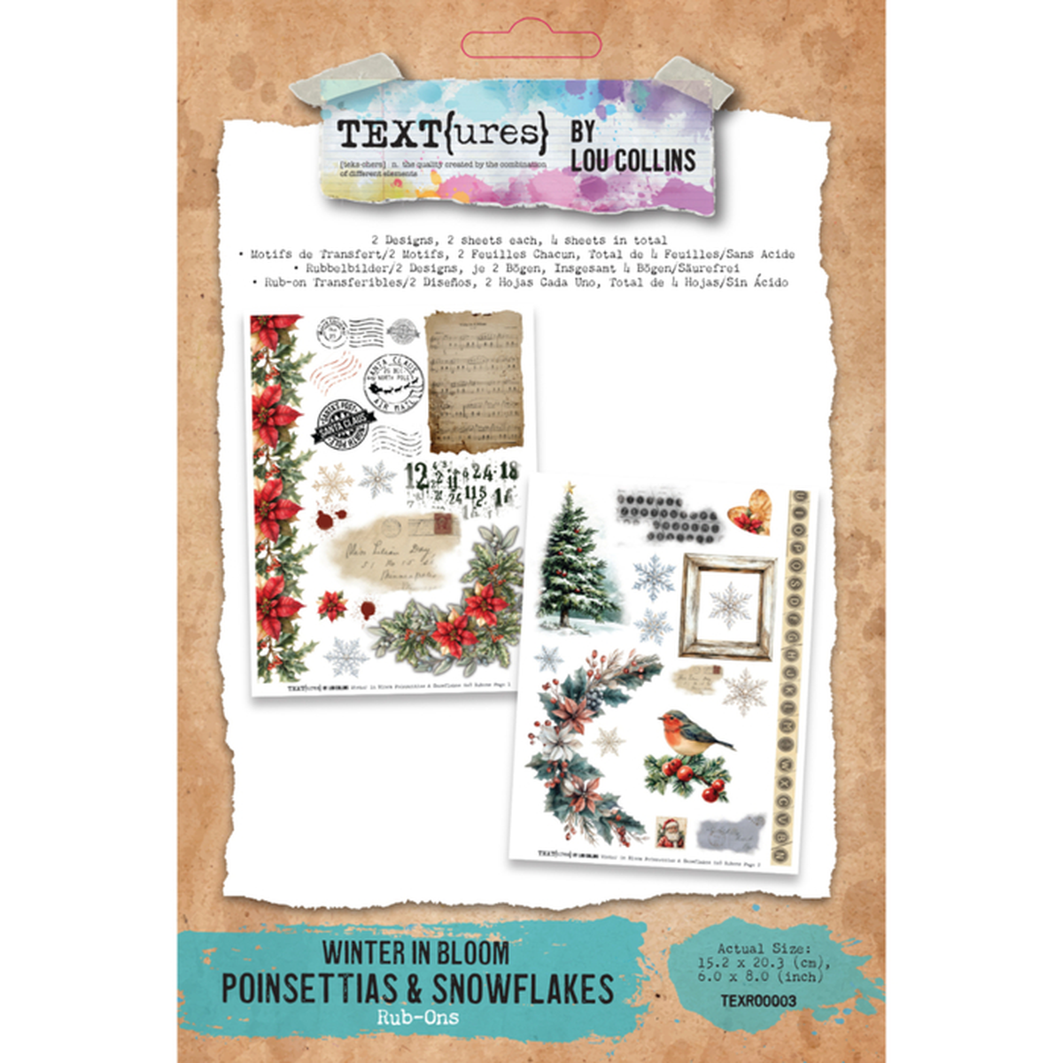 Textures by Lou Collins 'Winter in Bloom Poinsettias & Snowflakes Rub-Ons', featuring Christmas-themed stamp designs with poinsettias, snowflakes, trees, and birds on a kraft paper background.