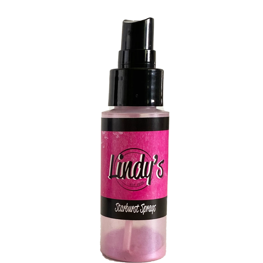 A bottle of Lindy's Starburst Sprays with a black spray nozzle and a bright pink label, shown against a plain white background. Lindy's Gang Hottie Patottie Hot Pink Starburst Spray