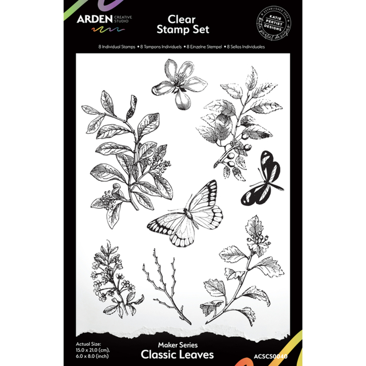 Arden Creative Design Clear Stamp Set featuring classic botanical and insect stamp designs on a white sheet, presented in its black packaging with product details. Arden Creative Studio Makers Series Classic Leaves 6in x 8in Clear Stamp Set