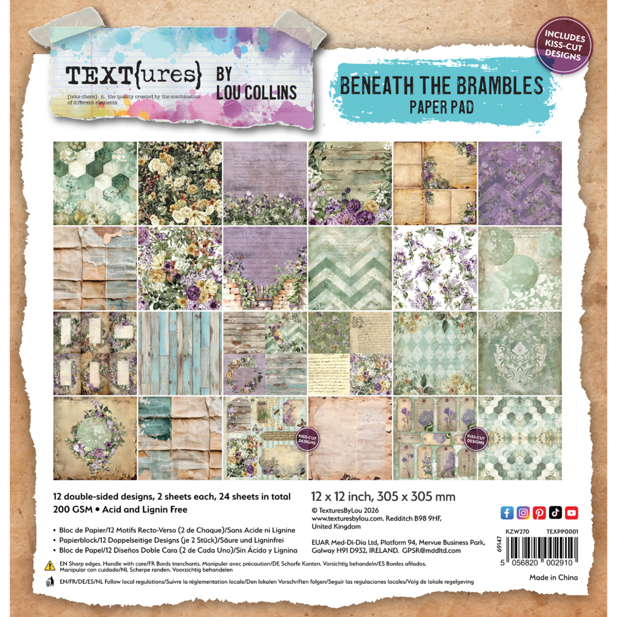 Packaging of 'Text{ures} by Lou Collins' Beneath the Brambles paper pad with various patterned papers.