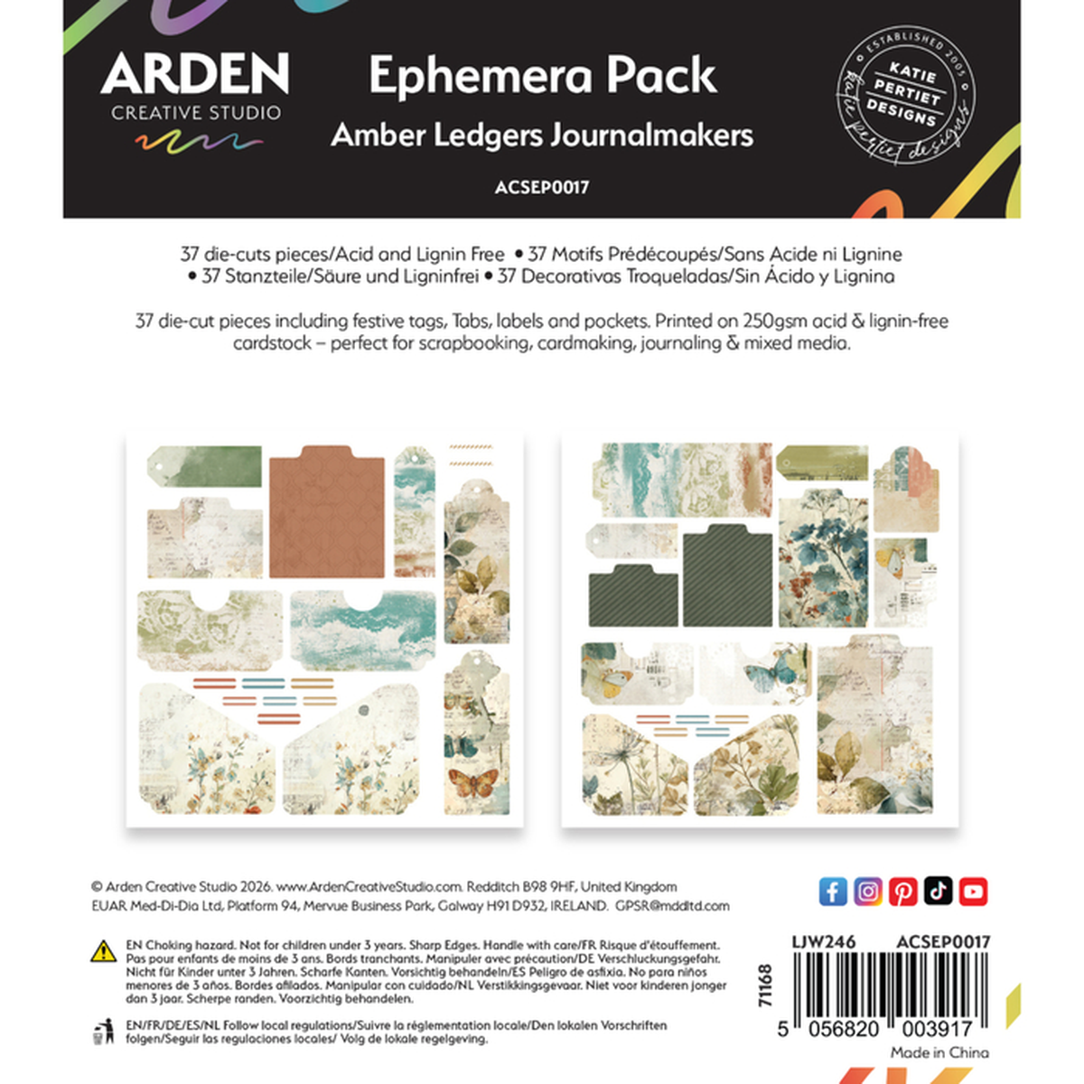 Arden Creative Studio Ephemera Pack for Amber Ledgers Journalmakers, showing the product title, a black header with branding, a circular quality seal, a list of included paper types and counts, printed sample sheets, and product information at the bottom.