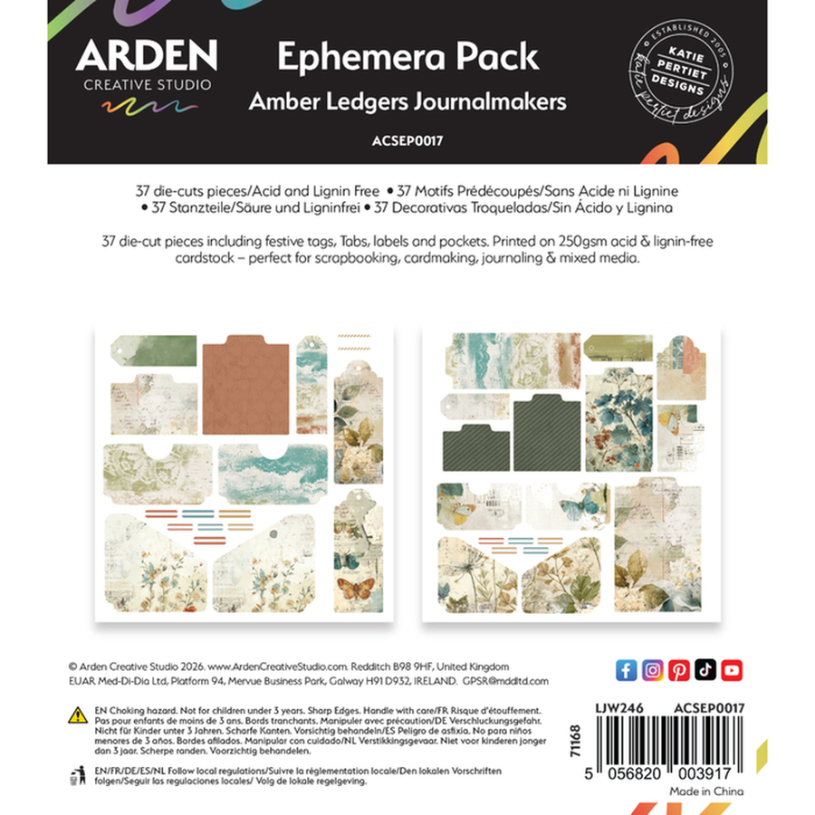 Arden Creative Studio Ephemera Pack for Amber Ledgers Journalmakers, showing the product title, a black header with branding, a circular quality seal, a list of included paper types and counts, printed sample sheets, and product information at the bottom.
