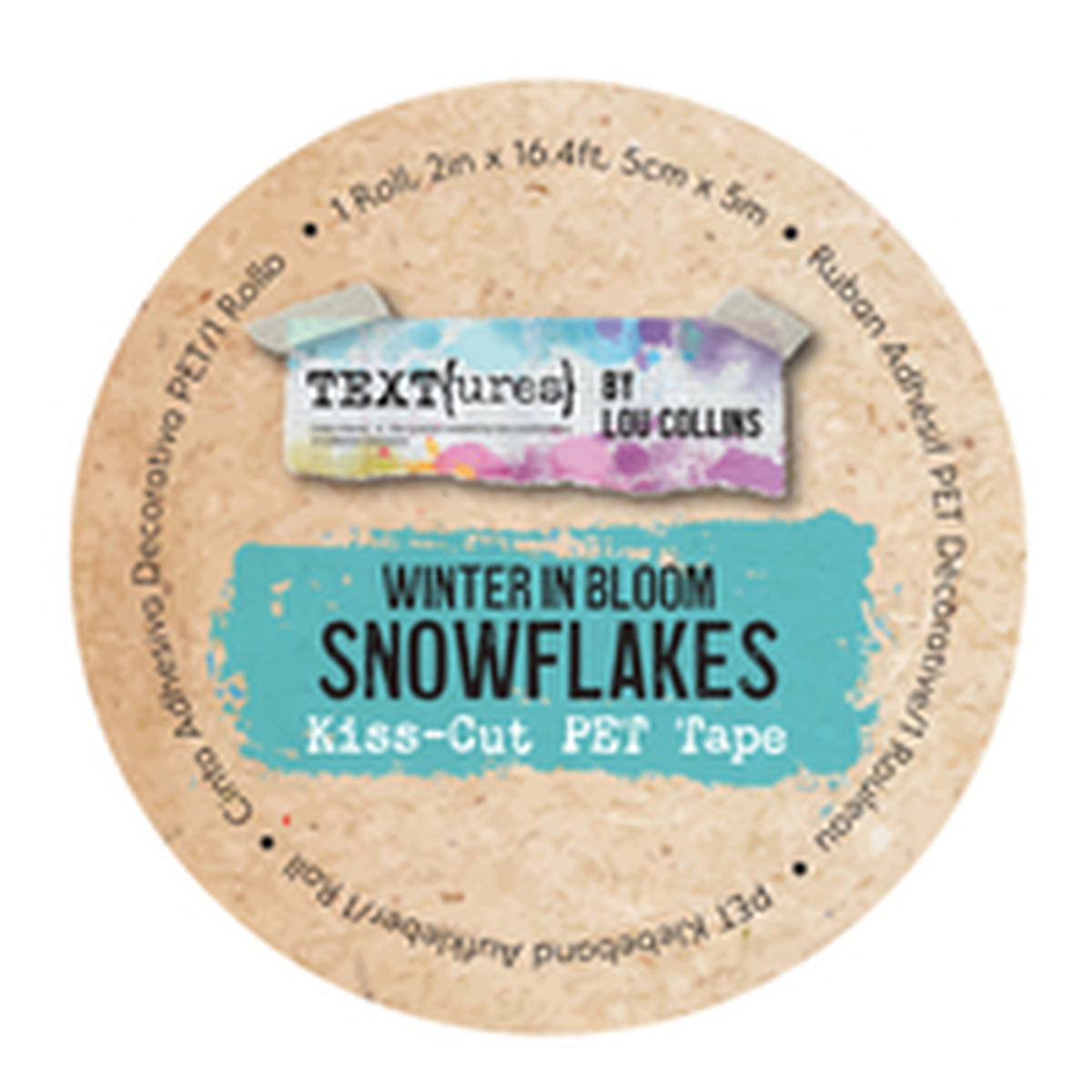 A circular package label for Textures by Lou Collins Winter in Bloom Snowflakes Kiss-Cut PET Tape, featuring a kraft paper background with a turquoise watercolor-style banner and black text.