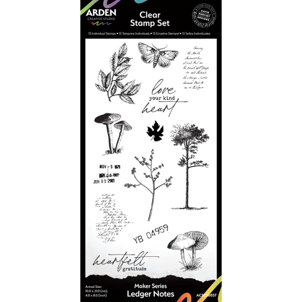 Arden Creations Clear Stamp Set featuring 15 embossed stamps and 11 transfer papers, shown on a black and white packaging card with sample designs including mushrooms, a tree, a butterfly, and handwritten notes. Arden Creative Studio Makers Series Ledger Notes 4in x 8in Clear Stamp Set