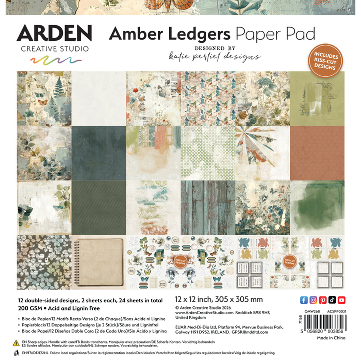 Arden Creative Studio Amber Ledgers Paper Pad packaging, showing a 12-count sheet set with various patterned papers, a color palette, and product details on a white background. Arden Creative Studio Amber Ledgers 12in x 12in Paper Pad