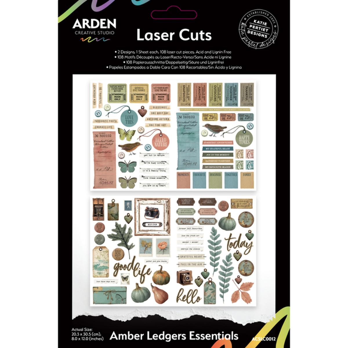 Ardens Laser Cuts 'Amber Ledgess Essentials' sheet of decorative paper cut designs, featuring autumn-themed elements like pumpkins, leaves, and text labels on a black header card.