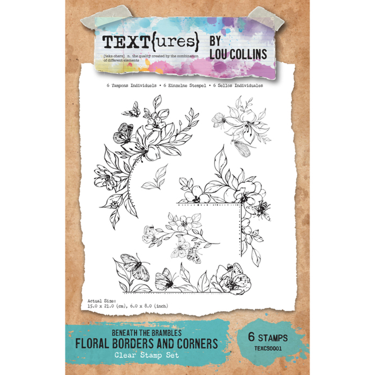 Textures by Lou Collins clear stamp set featuring floral border and corner designs, shown as a product package with illustrated black line drawings on a white sheet and teal branding banners.