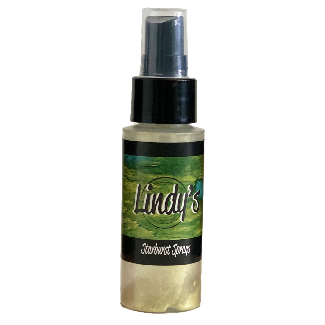 A bottle of Lindy's Starburst Sprays with a black spray nozzle and a green and black label, set against a plain white background. Lindy's Gang Ponderosa Pines Olive Shimmer Spray