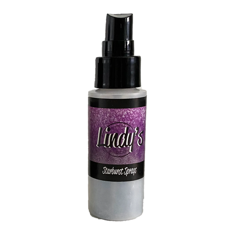A bottle of Lindy's Stardust Sprays with a black spray nozzle and a purple glitter label on a white background. Lindy's Gang Prima Donna Purple Starburst Spray