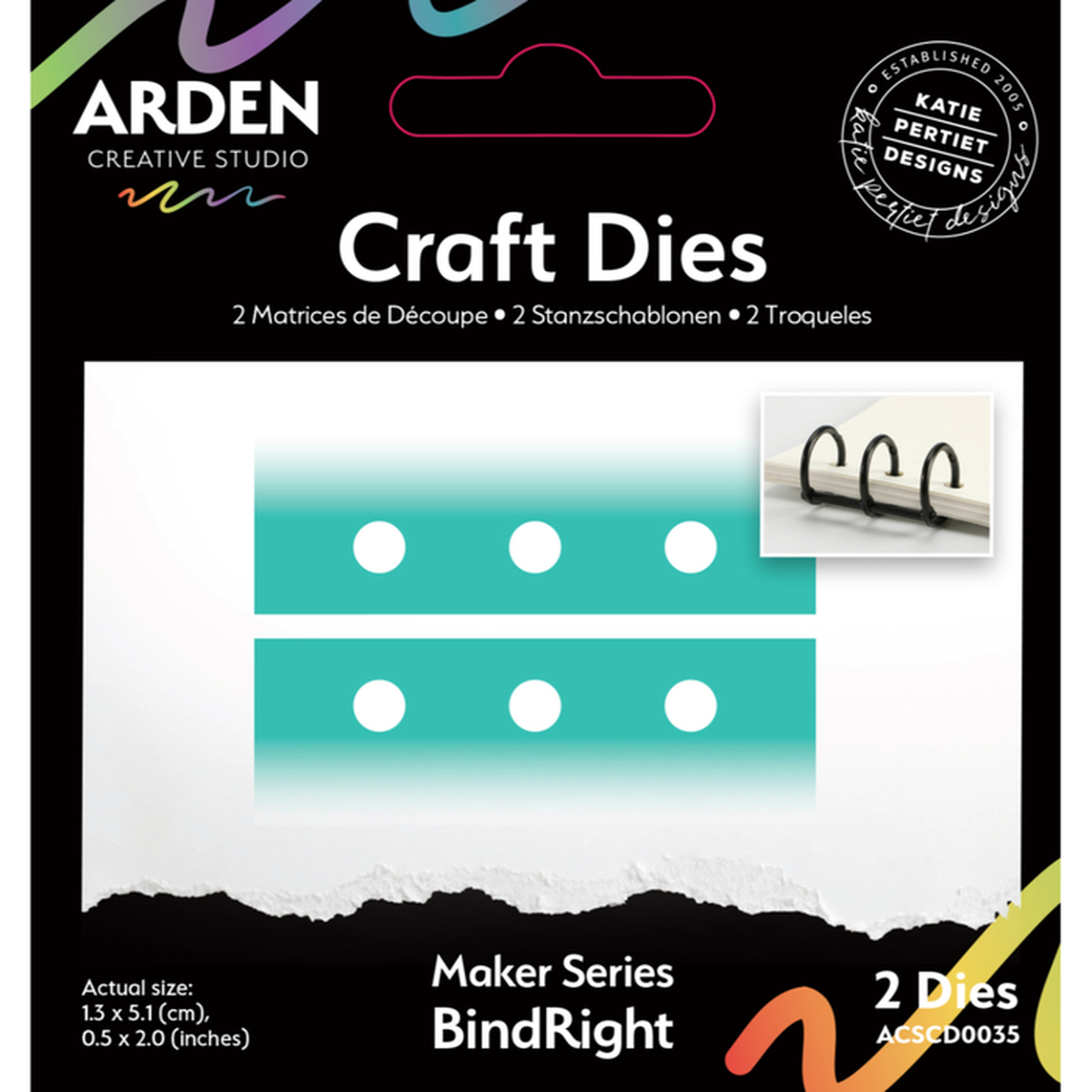 Front of an Arden Creative Studio Craft Dies package for the BindRight Maker Series, showing teal circular die-cut paper templates, a small inset photo of rings bound with black dies, and product text on a black background.