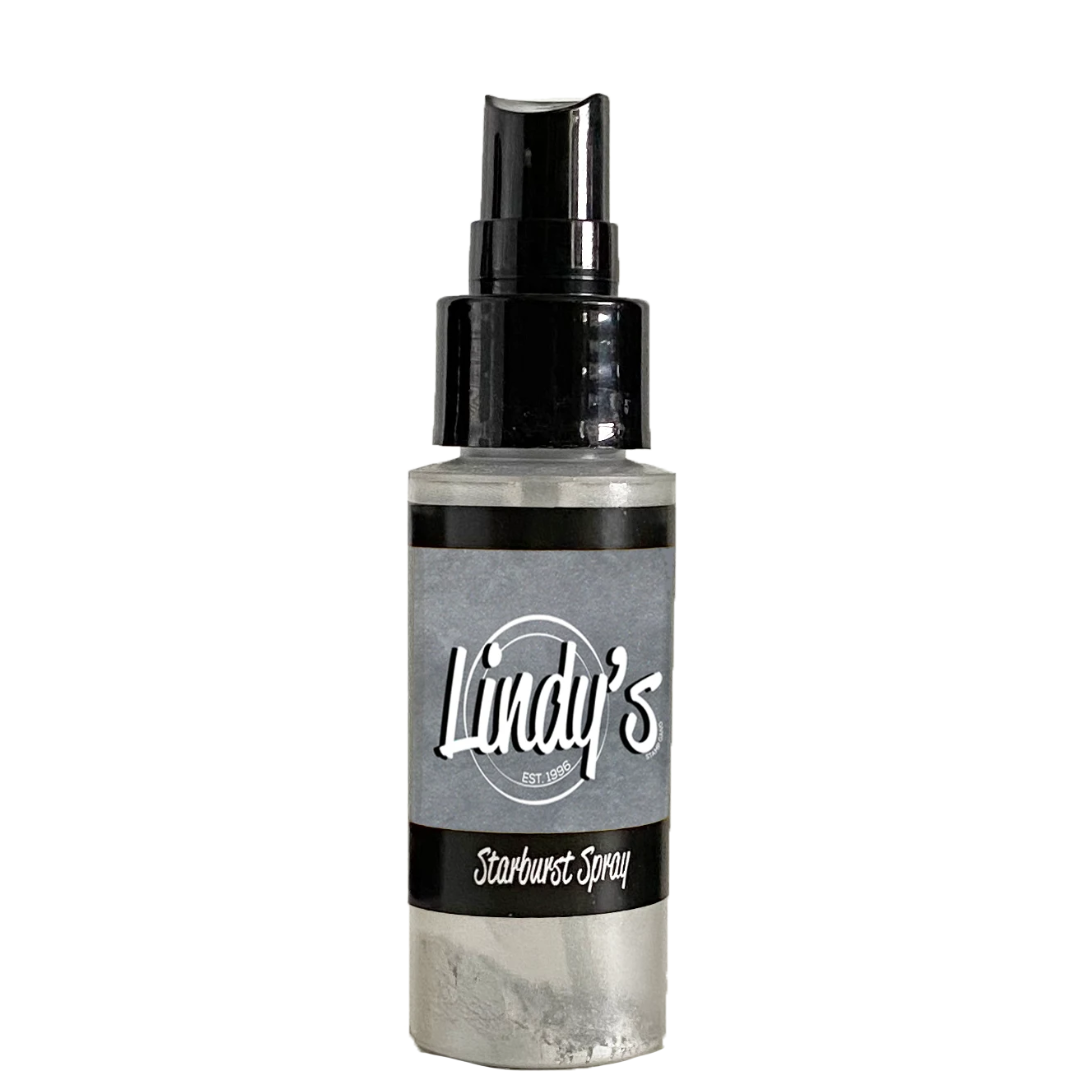 A bottle of Lindy's Starburst Spray with a black spray nozzle and a gray label, shown against a plain white background. Lindy's Gang Silent Night Silver Starburst Spray