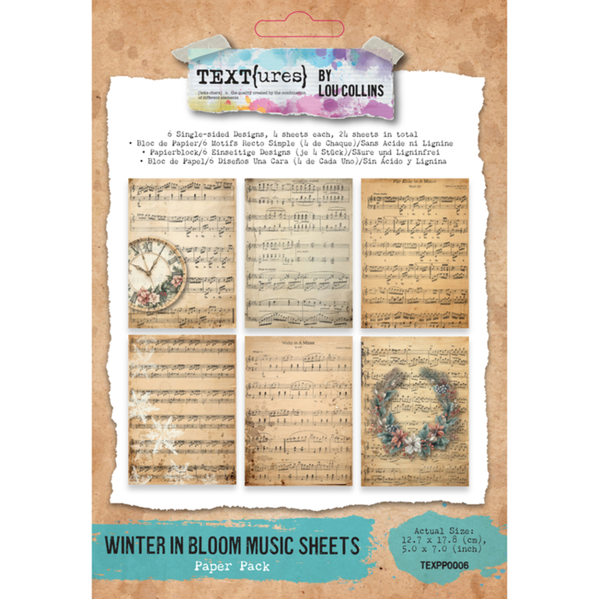 Textures by Lou Collins 'Winter in Bloom Music Sheets' paper pack, featuring a vintage aesthetic with sheet music, a clock face, and floral accents on a textured beige background.
